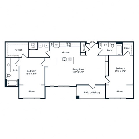 Floor plan for 2 beds, 2 baths, 1357 sqft